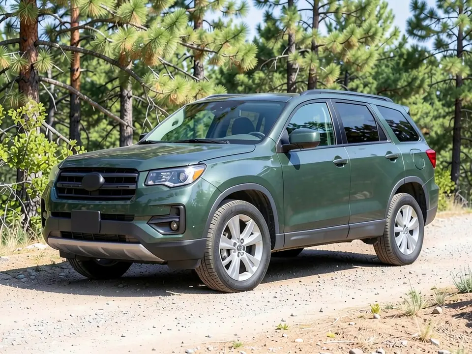 AI-drawn sample: a dark green generic mid-size SUV stand-in on silver multi-spoke wheels parked at a trailhead with pine trees behind