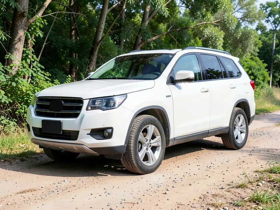 AI-drawn sample: a white generic mid-size SUV stand-in on silver wheels with road tires parked on a dirt road beside trees