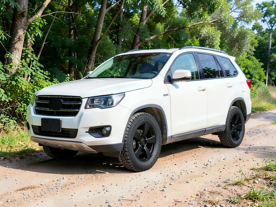 AI-drawn sample: the same white SUV on matte black wheels with knobby tires