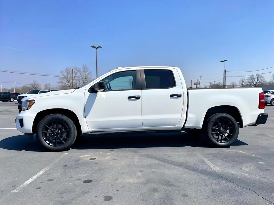 AI-drawn sample: a plain white mid-size crew-cab pickup with black wheels in a parking lot