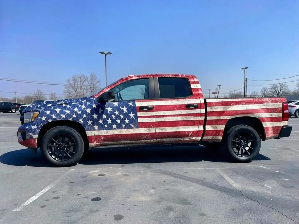 AI-drawn sample: the same pickup in a faded, distressed American flag wrap