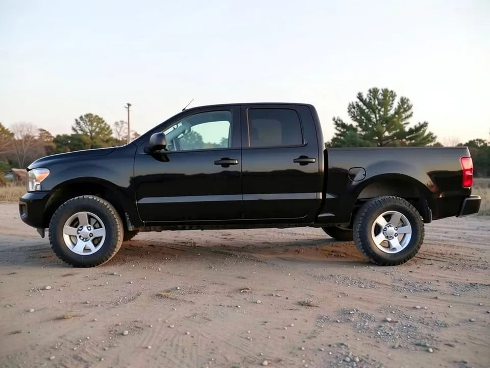 AI-drawn sample: a plain black full-size four-door pickup with silver wheels, seen from the side on a dirt lot