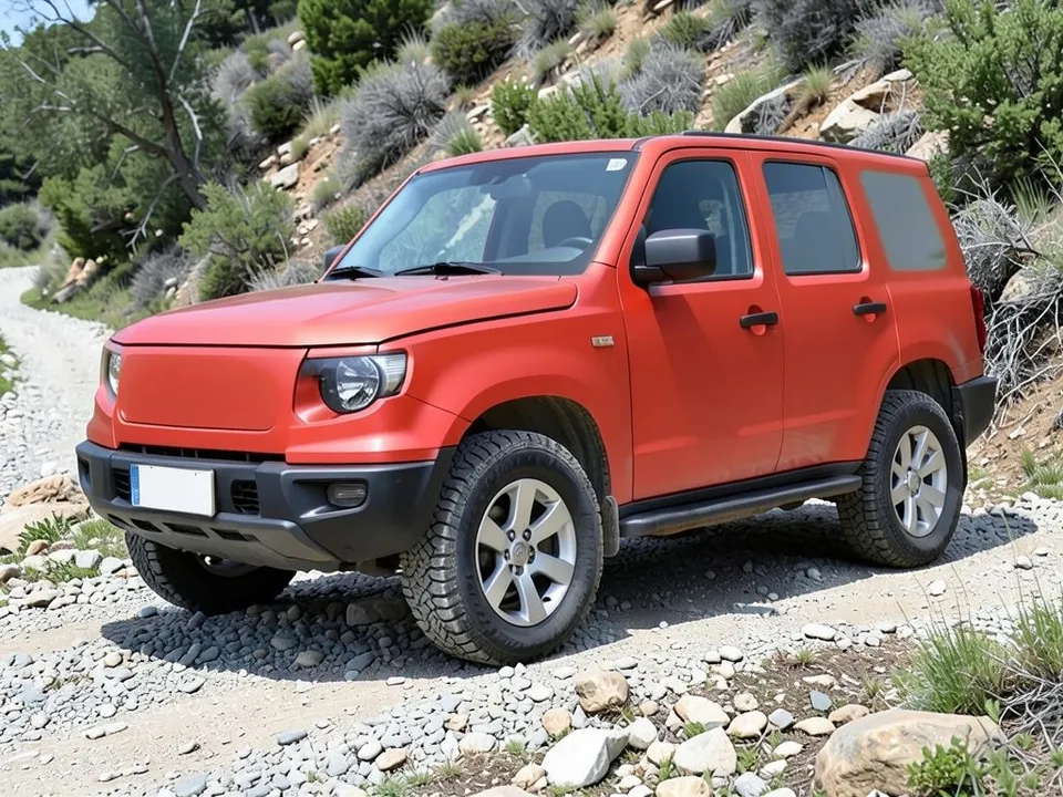AI-drawn sample: a plain red boxy off-road SUV with silver five-spoke wheels on a rocky trail