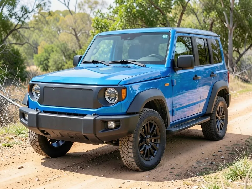 AI-drawn sample: a glossy blue boxy off-road SUV with black fender flares on a dirt trail