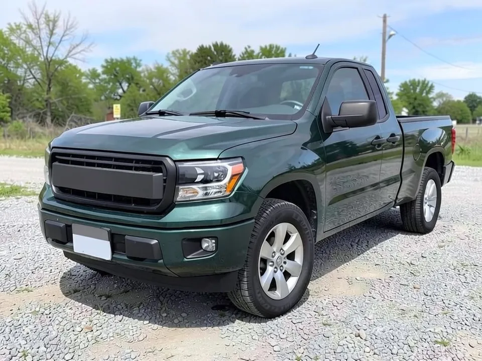AI-drawn sample: a glossy dark green pickup truck with silver wheels on a gravel lot