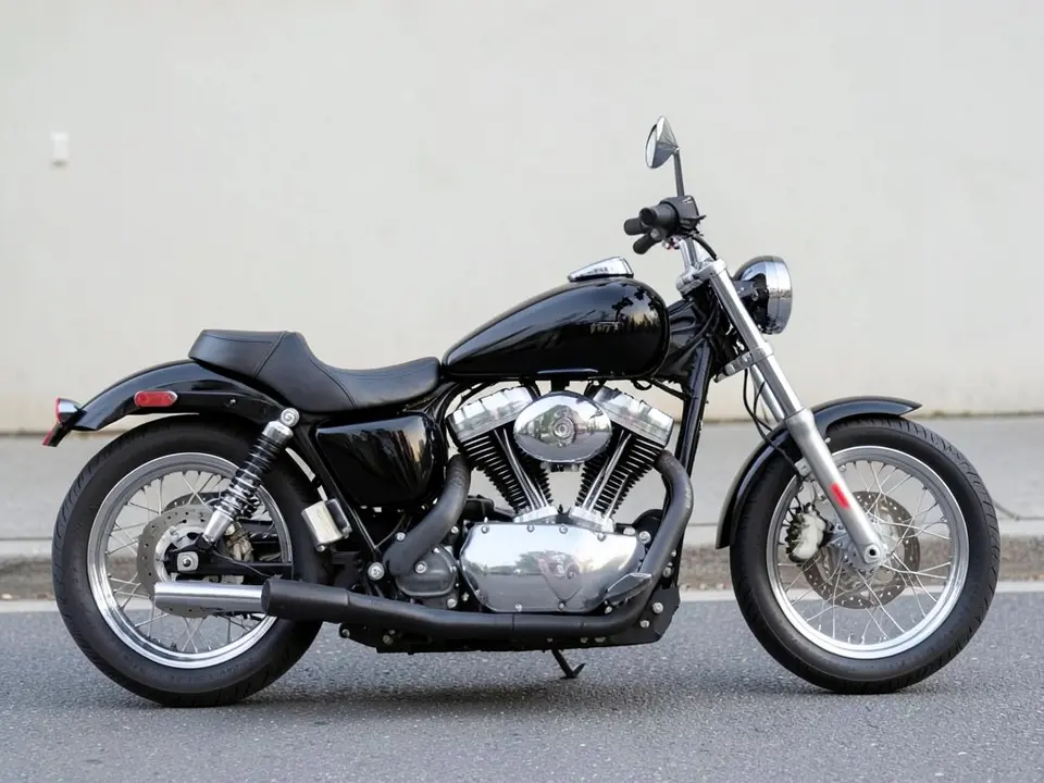 AI-drawn sample: a plain black cruiser motorcycle with a chrome engine and spoked wheels parked on a quiet street, seen from the side