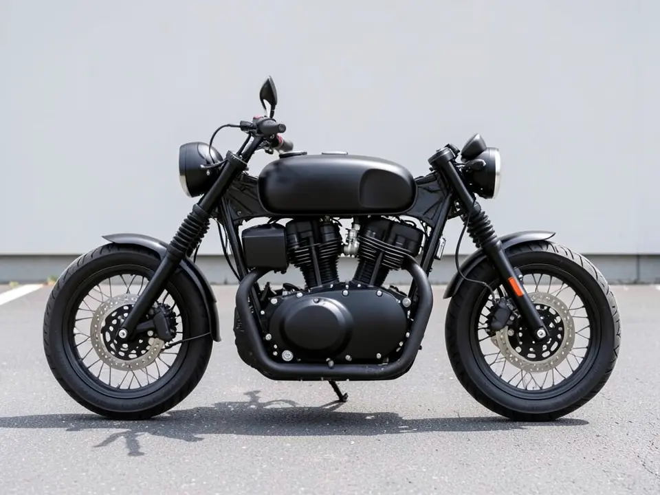 AI-drawn sample: a plain black standard motorcycle with a round headlight and black tank parked on pavement, seen from the side