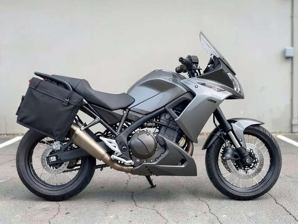 AI-drawn sample: the same motorcycle with a black pannier and a slightly taller windscreen