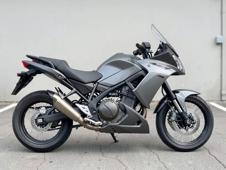 AI-drawn sample: a plain gray adventure touring motorcycle with a small windscreen parked on pavement, seen from the side