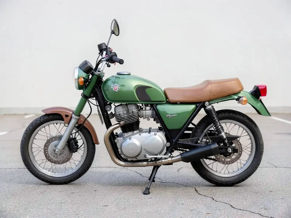 AI-drawn sample: the same motorcycle with a tan brown leather seat