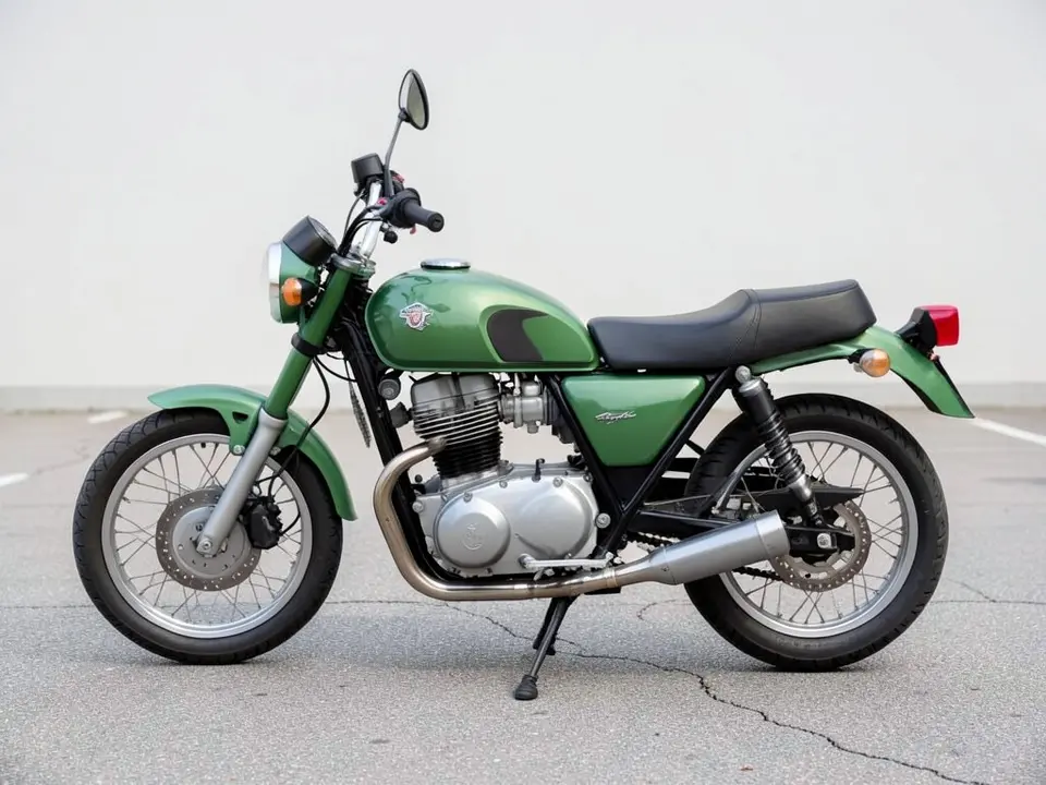 AI-drawn sample: a plain green standard motorcycle with a plain black seat and a short gray exhaust parked on pavement, seen from the side