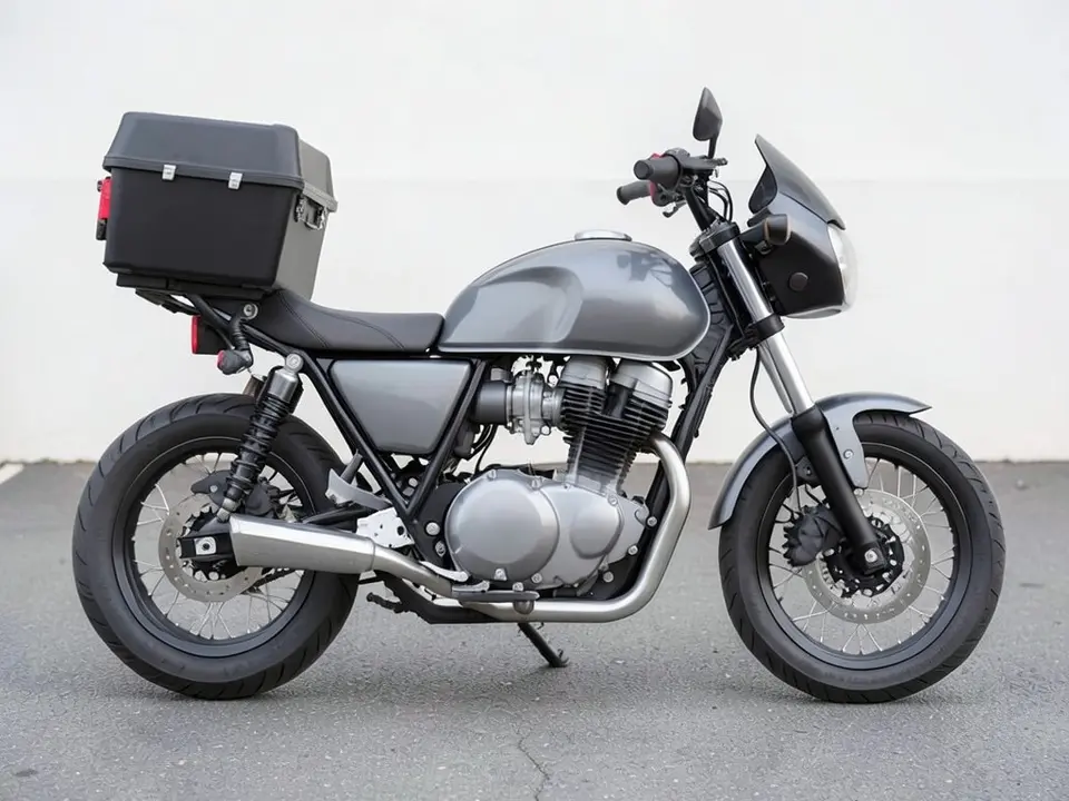 AI-drawn sample: the same motorcycle with a large black top case behind the seat