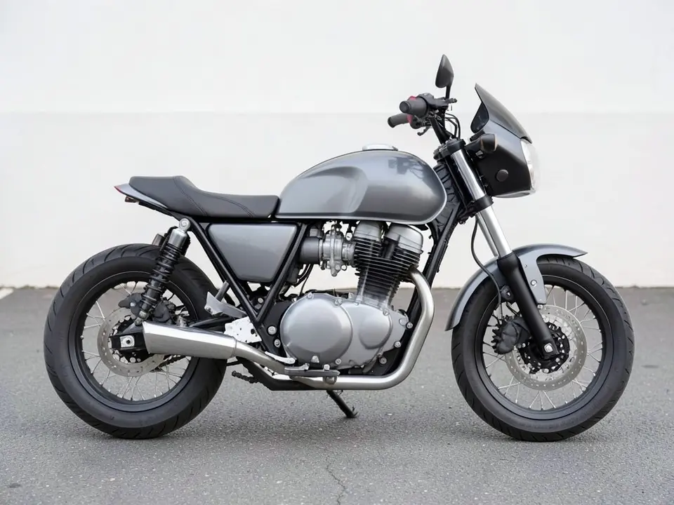 AI-drawn sample: a plain gray standard motorcycle with a flat handlebar and no luggage parked on pavement, seen from the side