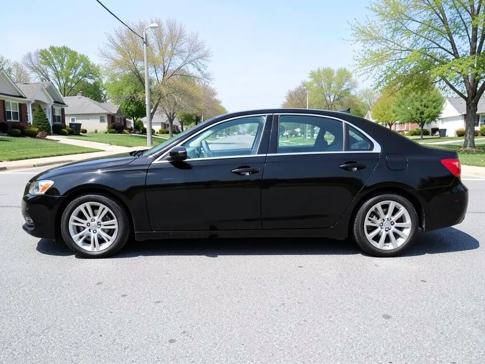AI-generated sample: black sedan in side profile with stock silver alloy wheels on a suburban street