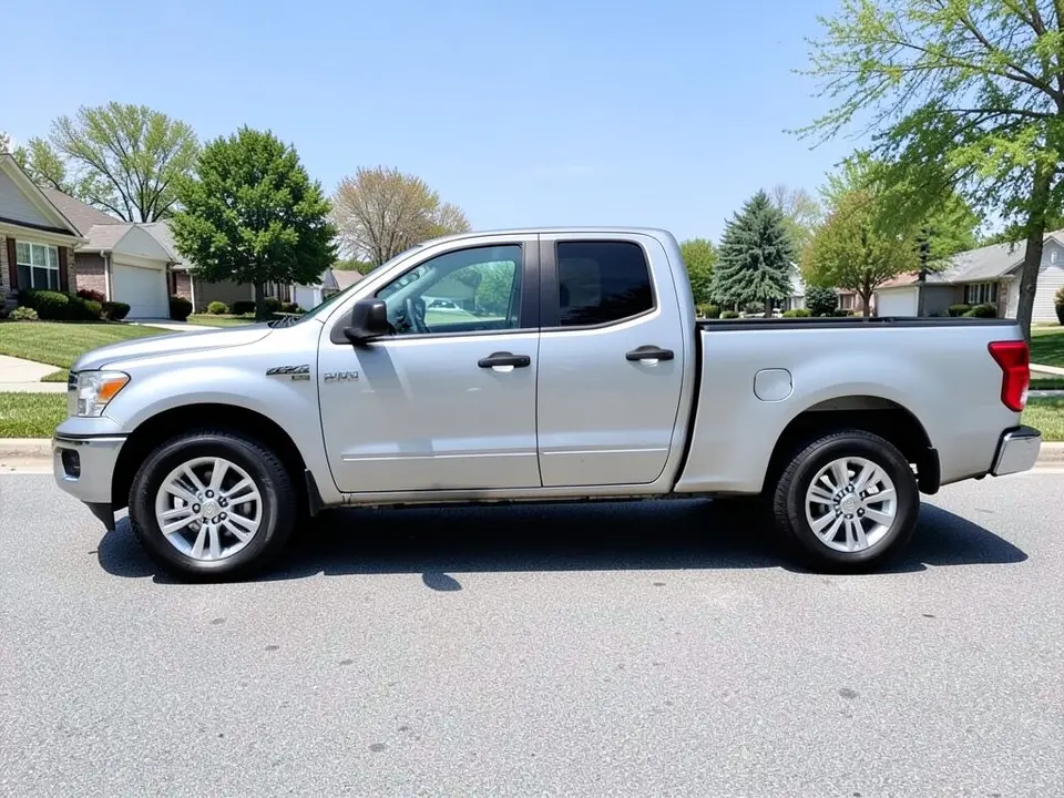 AI-generated sample: silver pickup truck in side profile with stock silver alloy wheels on a suburban street