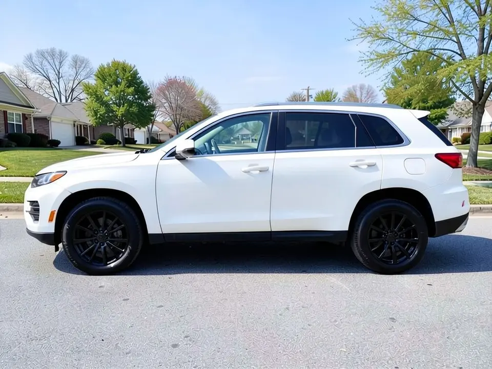 AI-generated sample: the same white SUV with gloss black multi-spoke rims