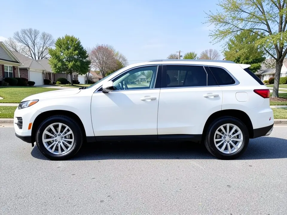 AI-generated sample: white SUV in side profile with stock silver alloy wheels on a suburban street