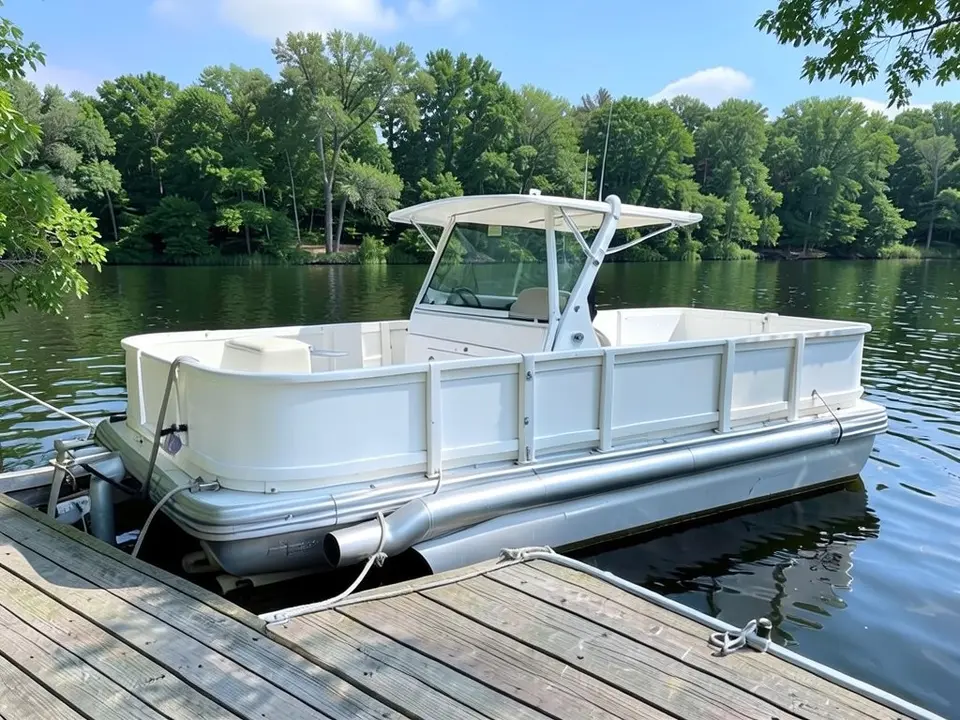AI-drawn sample: a plain white pontoon boat with a bimini top tied to a wooden dock on a lake, seen from a front corner