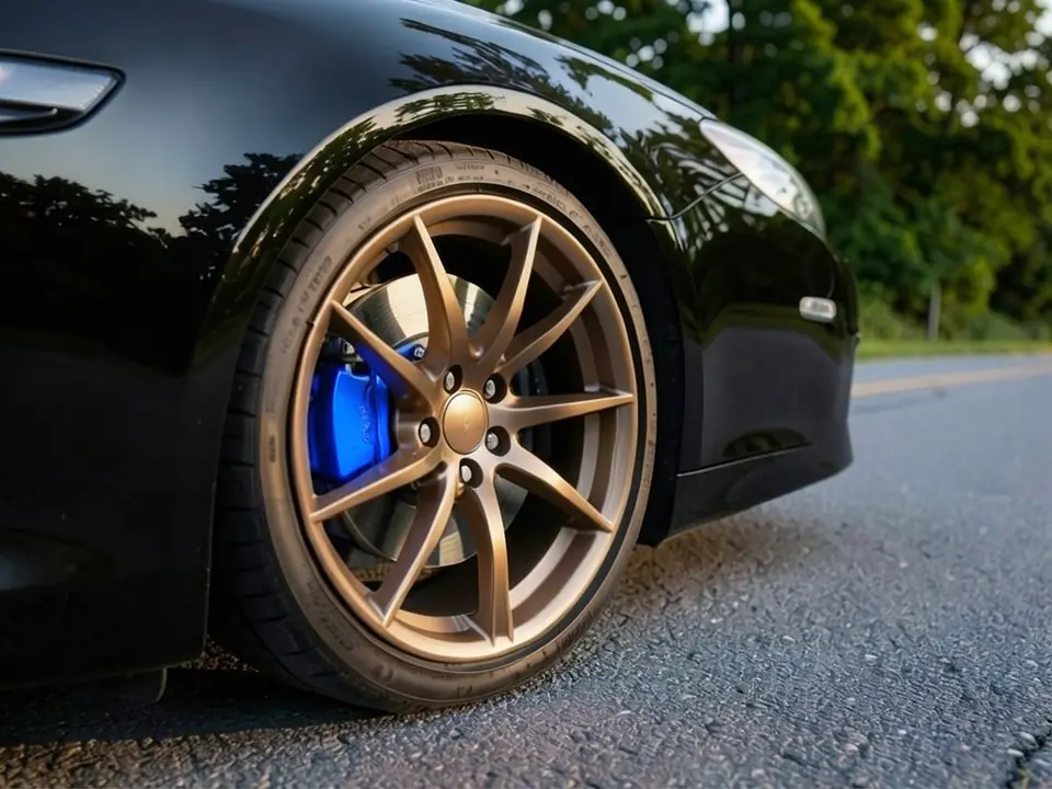 AI-generated sample: the same wheel with a glossy blue brake caliper behind the bronze spokes