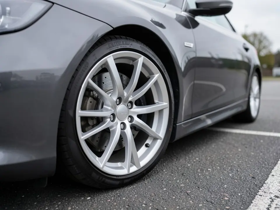 AI-generated sample: front wheel of a dark grey sedan with silver twin-spoke wheels and a plain silver brake caliper