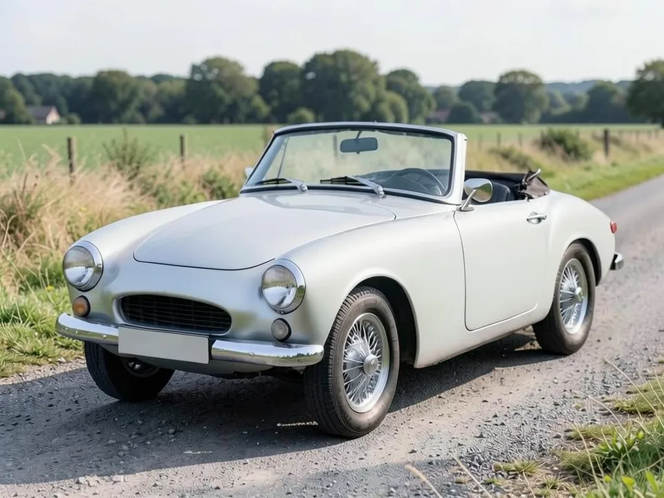 AI-drawn sample: a plain silver classic two-seat roadster with chrome bumpers and wire-look wheels on a country lane