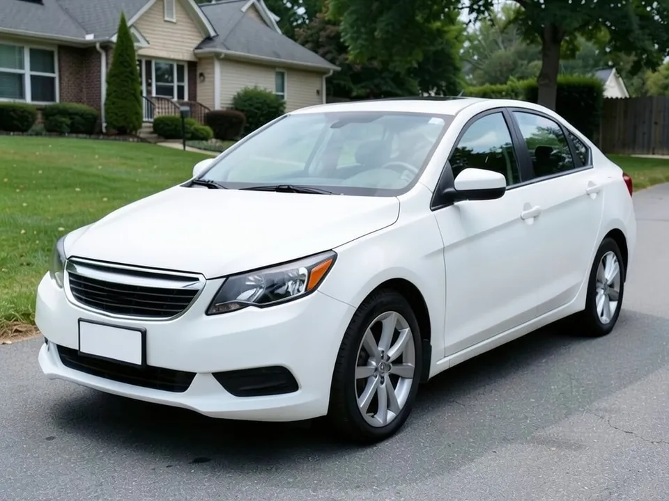 AI-drawn sample: a plain white midsize sedan with silver wheels in a suburban driveway