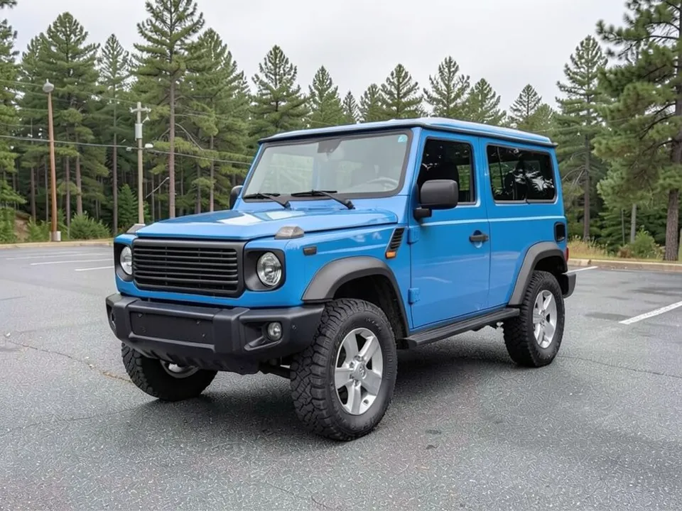 AI-generated stand-in: a blue boxy two-door off-road SUV with a blue roof, dark gray fender flares, a black bumper and silver wheels in an empty parking lot lined with pine trees