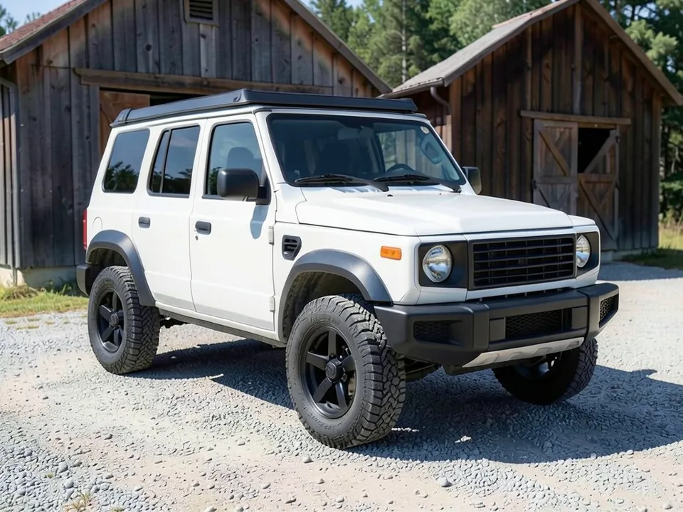 AI-generated stand-in: a white boxy four-door off-road SUV with a black roof, black fender flares and black wheels, parked on gravel in front of two wooden barns