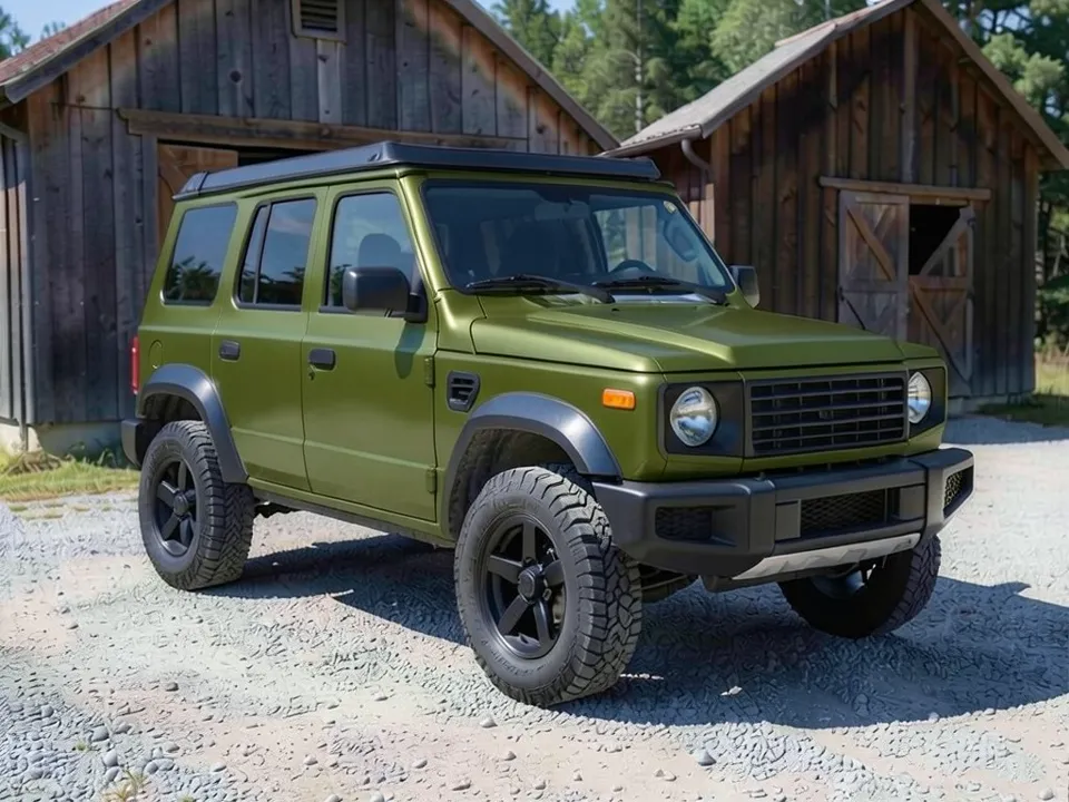 AI-generated stand-in: the same SUV in a satin olive green wrap, with the black roof, flares, bumper and wheels unchanged
