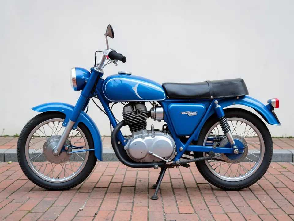 AI-drawn sample: a plain blue retro standard motorcycle with a round headlight, wire-spoke wheels and a flat bench seat on a brick street, seen from the side