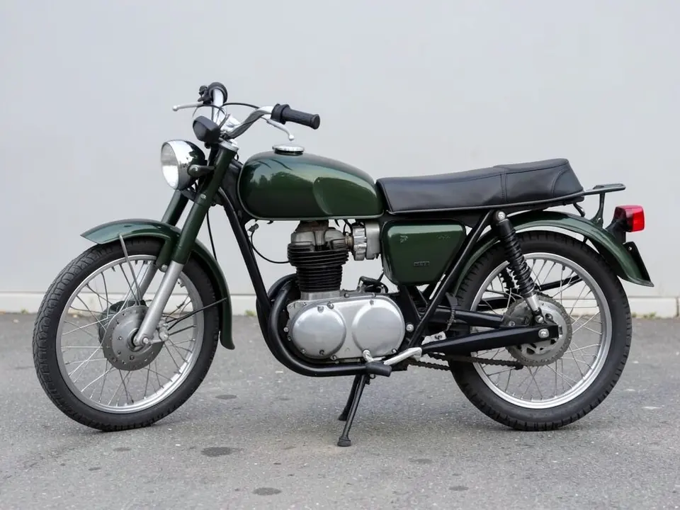 AI-drawn sample: a plain dark green retro standard motorcycle with a round headlight, wire-spoke wheels and a long flat bench seat on pavement, seen from the side