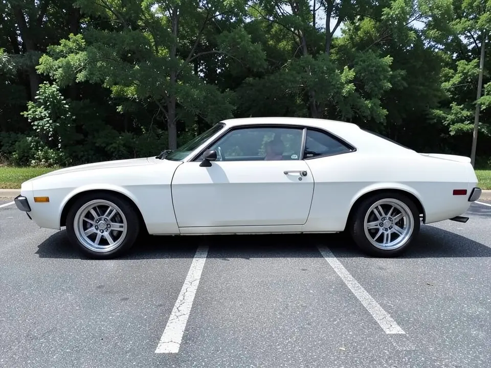 AI-drawn sample: a white generic retro two-door coupe stand-in, side-on, on silver multi-spoke wheels, parked in a parking lot in front of trees