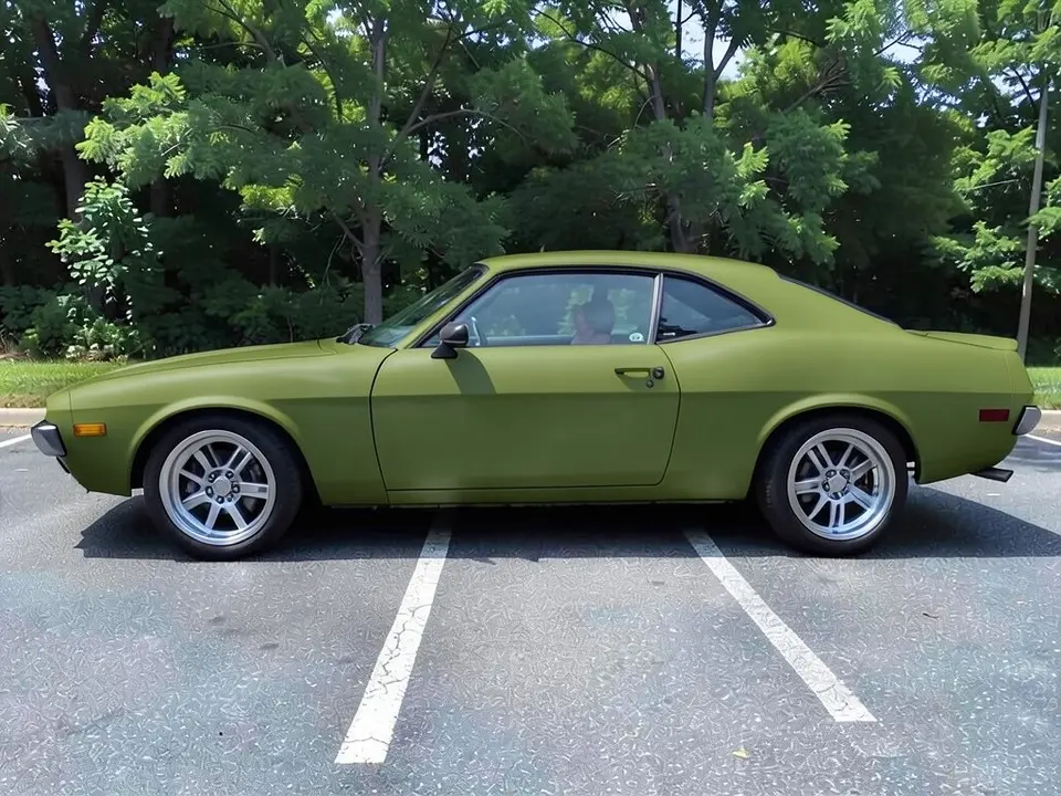 AI-drawn sample: the same coupe in a matte olive green wrap look