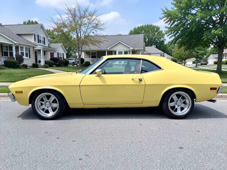 AI-drawn sample: a pale yellow generic retro two-door coupe stand-in, side-on, on silver multi-spoke wheels, parked on a suburban street with houses behind