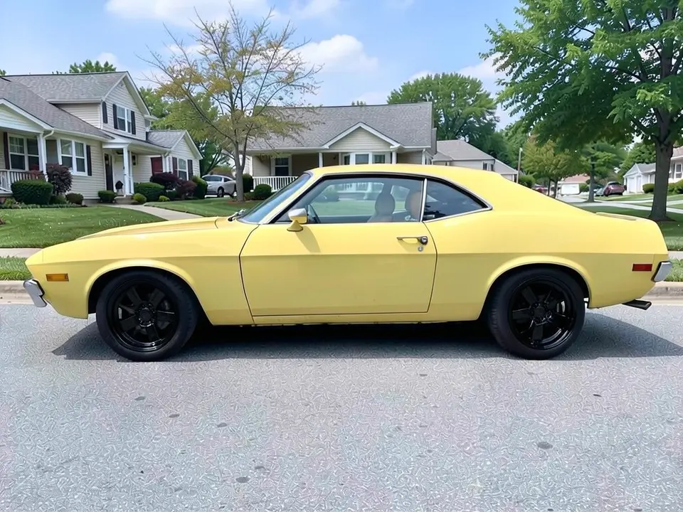 AI-drawn sample: the same yellow coupe on gloss black wheels