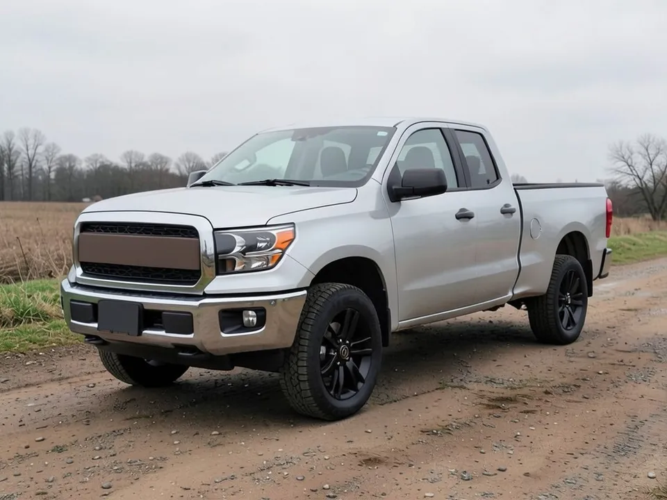 AI-drawn sample: a plain silver mid-size crew-cab pickup with a chrome bumper on a dirt road