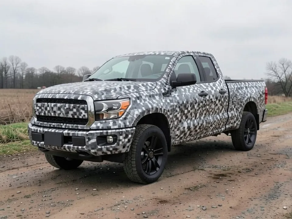 AI-drawn sample: the same pickup wrapped in gray and black digital camo
