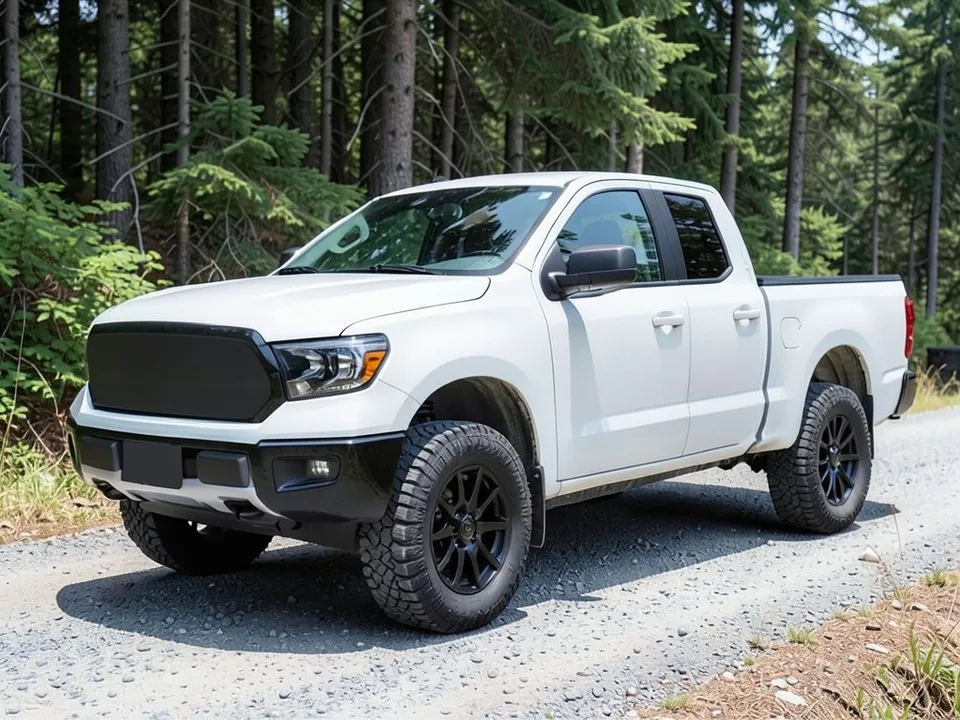 AI-drawn sample: a plain white full-size crew-cab pickup with black wheels on a forest road