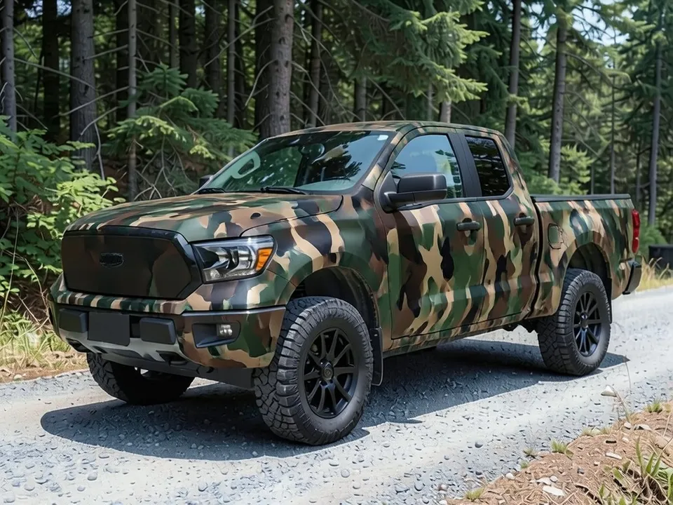 AI-drawn sample: the same pickup wrapped in matte woodland camo