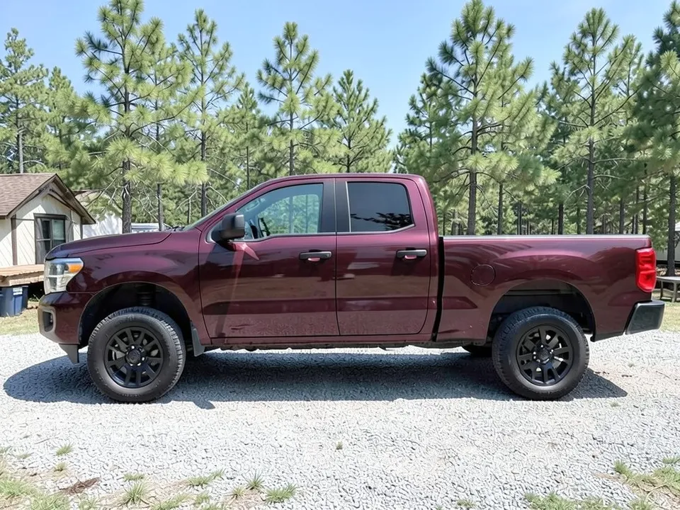 AI-drawn sample: a plain dark red crew-cab pickup with black wheels and an open bed at a campsite, seen from the side