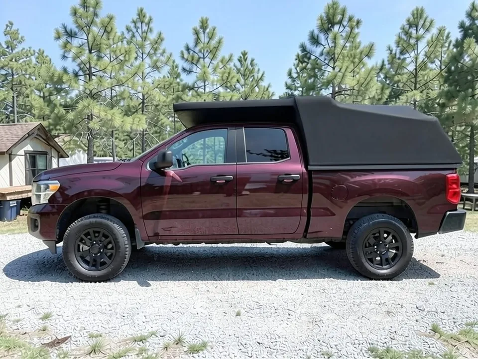 AI-drawn sample: the same pickup with a black raised-roof camper shell