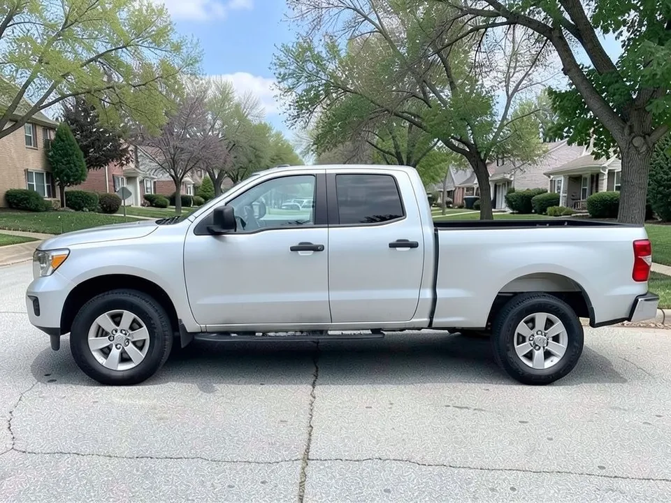 AI-drawn sample: a plain silver full-size crew-cab pickup with an open bed on a suburban street, seen from the side
