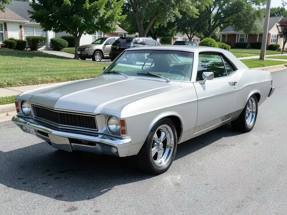 AI-drawn sample: a silver 1960s-style two-door coupe with chrome bumpers on a suburban street