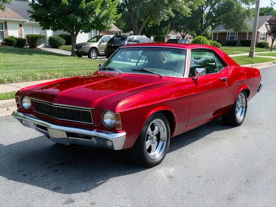 AI-drawn sample: the same coupe in deep glossy candy apple red