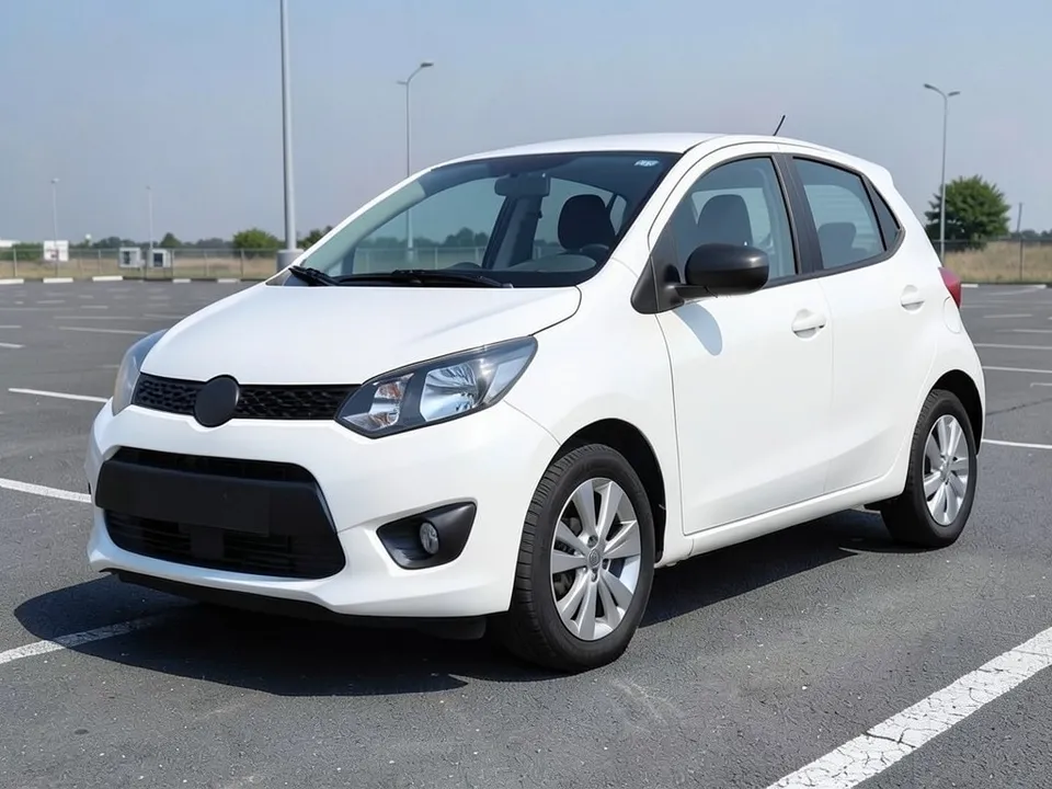 AI-drawn sample: a white compact hatchback with black trim and silver wheels in a parking lot