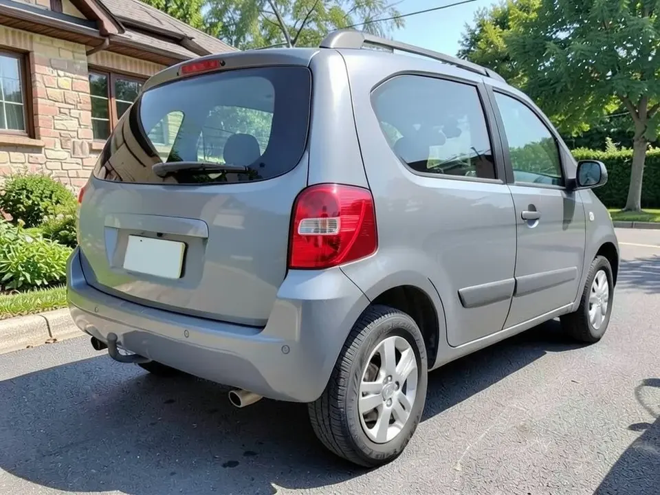 AI-drawn sample: a gray compact hatchback seen from a rear corner in a driveway