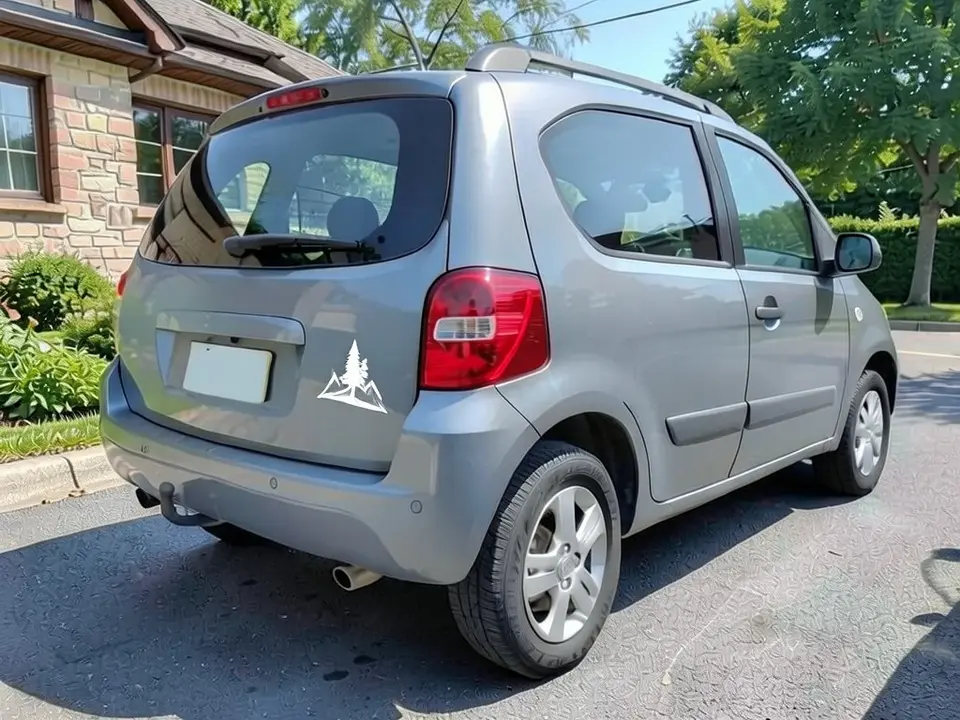 AI-drawn sample: the same hatchback with a small white pine tree and mountain decal on the rear body panel