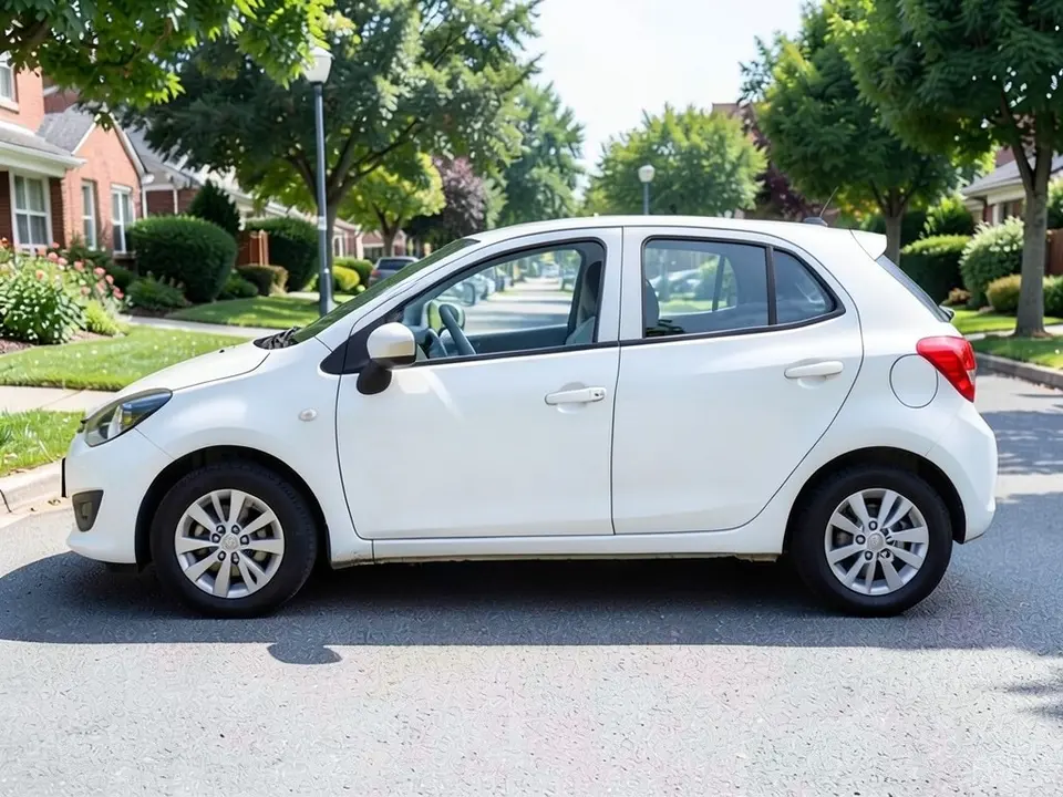 AI-drawn sample: a white four-door hatchback seen from the side on a residential street