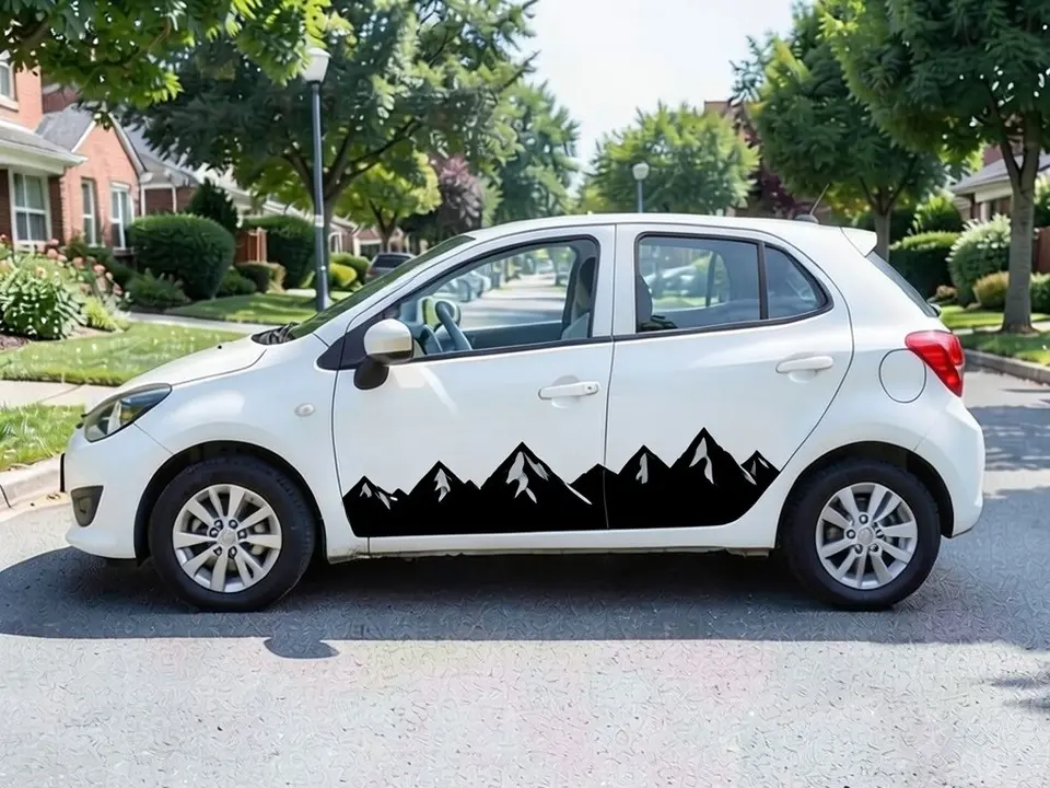 AI-drawn sample: the same hatchback with a black mountain range silhouette decal along the lower doors
