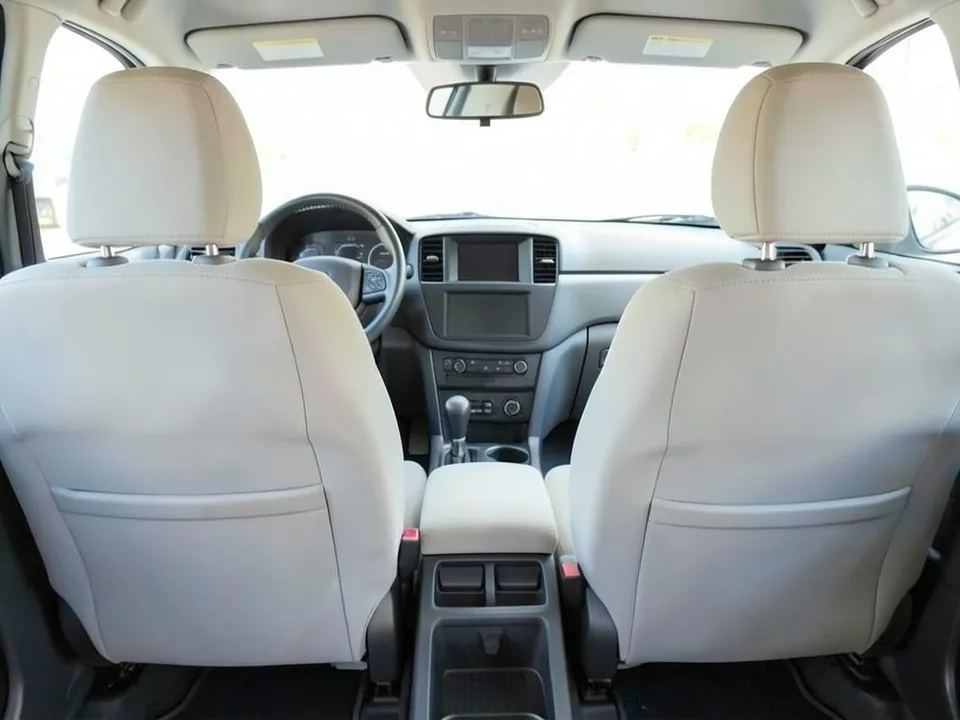 AI-drawn sample: the front seats of an SUV with light cream upholstery, seen from the back seat